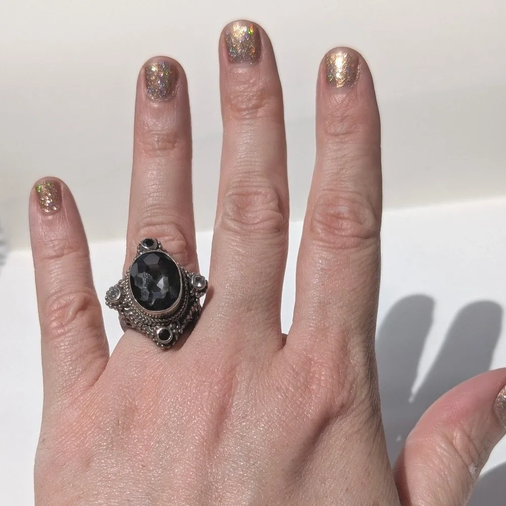 Sarda Bali Sterling Silver Gray Smoky Quartz Filigree Ring Size 7 Balinese Style